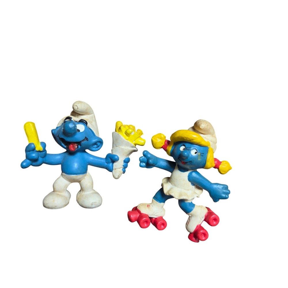 Vintage 1981 Peyo Schleich Smurfs Roller Skating Smurfette & French Fry Smurf